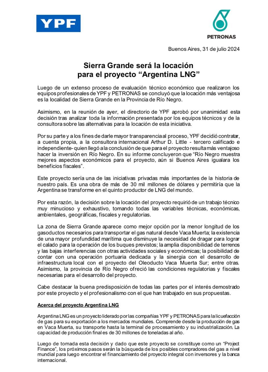 Sierra Grande será la locación para el proyecto "Argentina LNG"