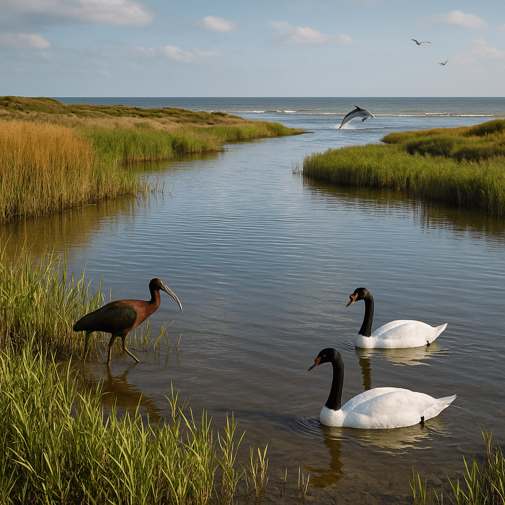 Vista panorámica de humedales y estuario del río Negro en Río Negro, Argentina, mostrando juncos, cisnes de cuello negro y delfines franciscana.