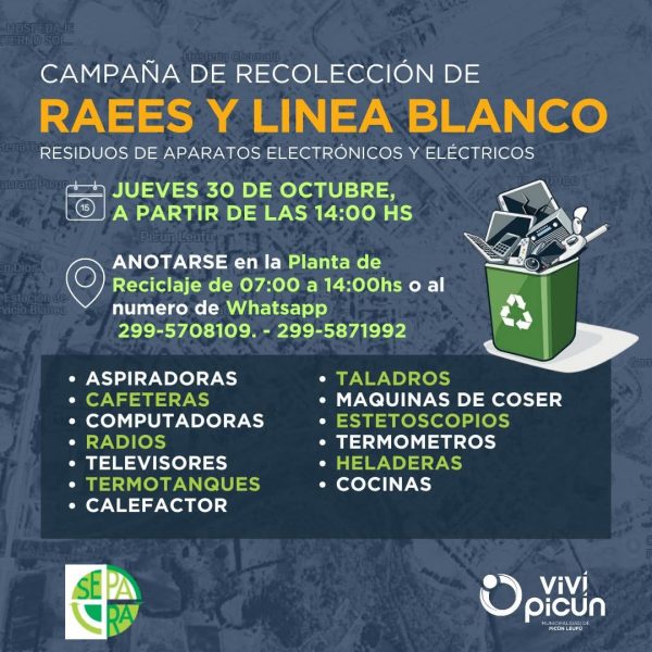 Picún Leufú impulsa una gran campaña de recolección de residuos electrónicos y de línea blanca para cuidar el ambiente